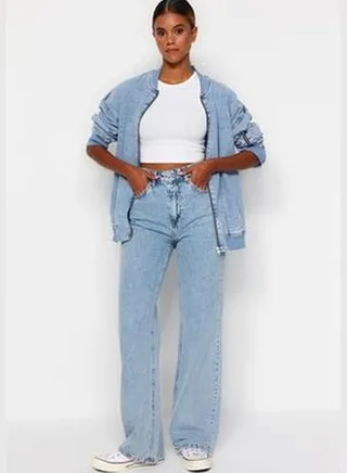 Light Blue High Waist Wide Leg Jeans TWOAW24JE00073