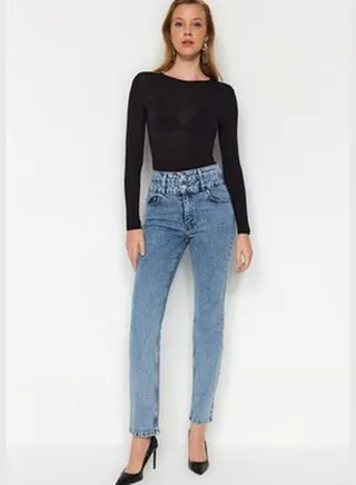 Blue Waist Detail High Waist Straight Jeans TWOAW24JE00261