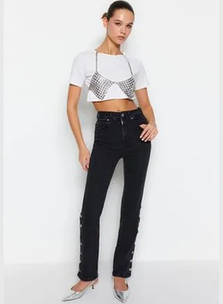 Black Accessory Detail High Waist Straight Jeans