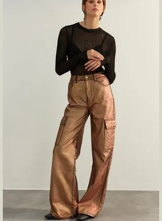 Limited Edition Bronze Wide Leg Shiny Printed Jeans TPRAW24JE00001