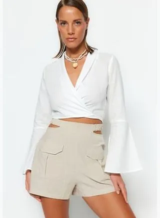 Beige Weave Cut Out/Window 100% Cotton Shorts & Bermuda TBESS23SR00022