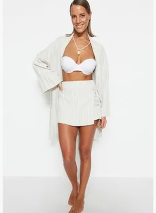 Ecru Woven Tie Linen Blended Short Skirt TBESS23SR00044