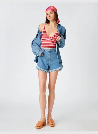 Jean Shorts High Waist Tasseled Pocket Cotton