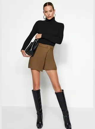 Khaki Accessorized Woven Short Skirt TWOAW24SR00061