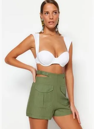 Khaki Weave Cut Out/Window 100% Cotton Shorts & Bermuda TBESS23SR00022