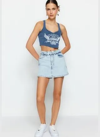 Light Blue Mini Denim Skirt with Shorts TWOSS23SR00190