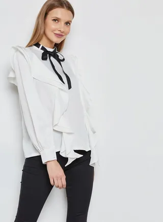 Contrast Tie Neck Ruffle Paneled Top