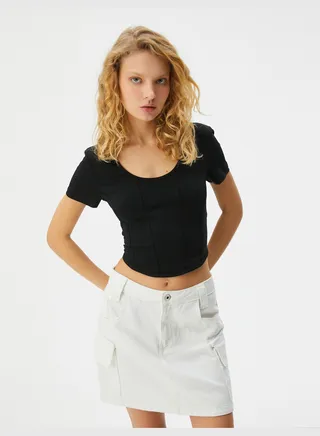 Crop T-Shirt Corset Look Slim Fit Short Sleeve U Neck Cotton