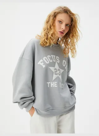 Varsity Sweatshirt Soft Interior Printed Applique Detail Long Sleeve Crew Neck Relax Cut