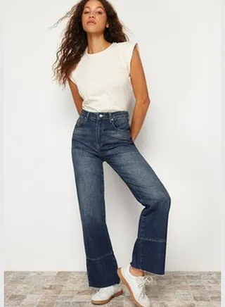 Dark Blue More Sustainable Stitch Detail High Waist Wide Leg Jeans
