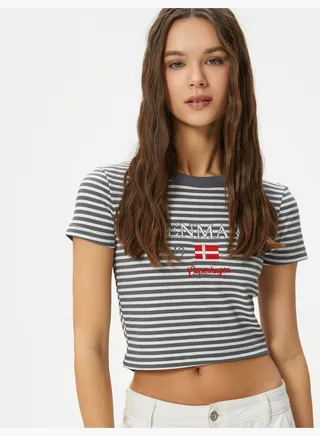 Crop T-Shirt Ribbed Slim Fit Embroidered Detail Short Sleeve Crew Neck