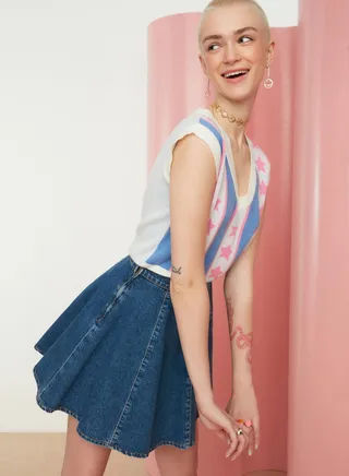 High Waist Panel Detail Denim Skirt