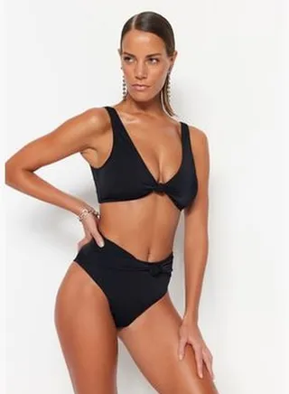Black Knotted High Waist Bikini Bottoms with Regular Legs TBESS23BA00287