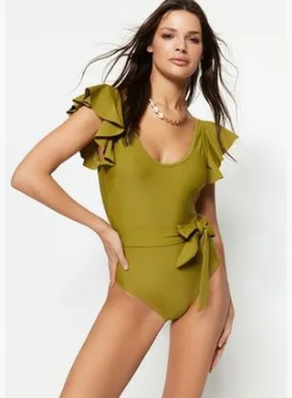 Green Round Neck Ruffle Regular Leg Swimsuit TBESS22MA0086