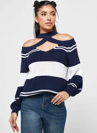 Cold Shoulder Stripe Sweater