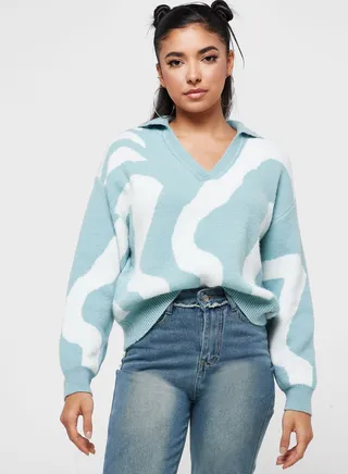 Swirl Intarsia Sweater With Collar