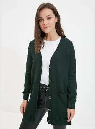 Dark Green V-Neck Long Knitwear Cardigan with Pocket Detail with Buttons TCTAW22TH0005