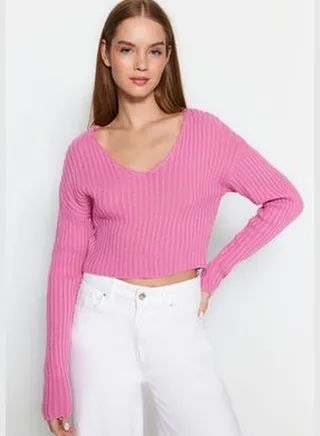 Pink Crop Basic V-Neck Knitwear Sweater TWOAW24KZ01214