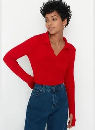 Red Polo Collar Knitwear Sweater TWOAW21KZ1113