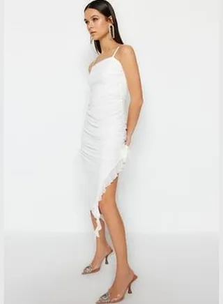 Ecru Rose Detailed Evening Dress With Frills For Weddings/Weddings TPRSS23EL00522