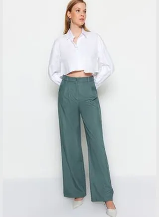 Dark Green Wide Leg Wide Leg Pleated Woven Trousers TWOAW22PL0475.