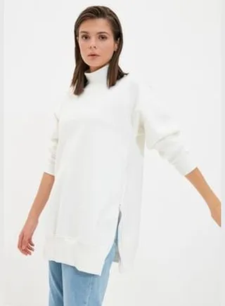 Ecru Long Oversize/Wide fit Zippered Stand-Up Collar Thick Fleece Inside Knitted Sweatshirt TWOAW20SW0322.