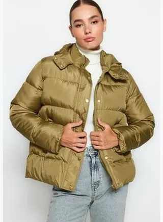 Khaki Oversized Hooded Gold Snap Detailed Water Repellent Inflatable Coat TWOAW24MO00180.