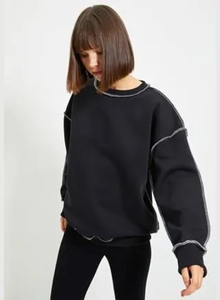 Black Regular/Regular Fits and Stitching on the Bedstead Knitted Sweatshirt with Fleece Inside TWOAW22SW0267