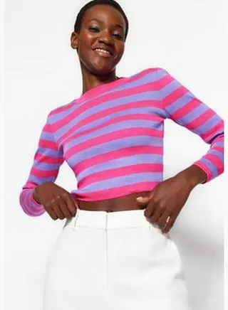 Fuchsia Super Crop Striped Knitwear Sweater TWOAW24KZ00649
