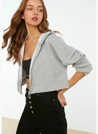 Gray Basic Zippered Hooded Crop Thick Fleece Inside Knitted Sweatshirt TWOAW20SW0660