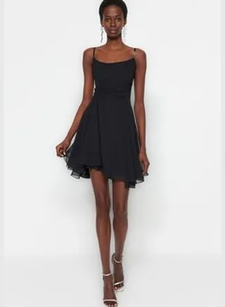 Black Chiffon Evening Dress that Opens at the Waist/Skater Lined Evening Dress TPRSS23EL00033