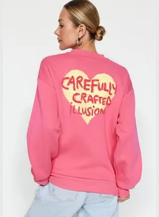 Pink Thick Fleece Inside With Relief Print On The Chest And Back, Oversized Knitted Sweatshirt TWOAW24SW00226