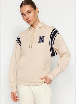 Stone Thick Fleece Inside Slogan Embroidery Regular/Regular Fit Hooded Knitted Sweatshirt TWOAW24SW00073.