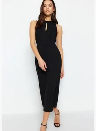 Black Cut Out Detailed Knitted Standing Collar, Fitted Dress TWOSS23EL02166