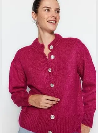 Fuchsia Soft Textured Knitwear Cardigan with Jeweled Buttons TWOAW21HI0034