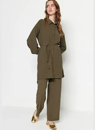 Khaki Belt Woven Aerobin Shirt-Pants Set