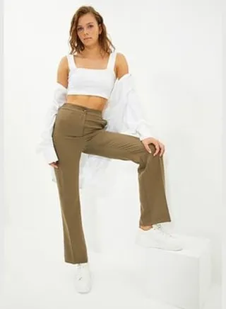 Khaki Straight Cut Straight Woven Trousers TWOAW22PL0419