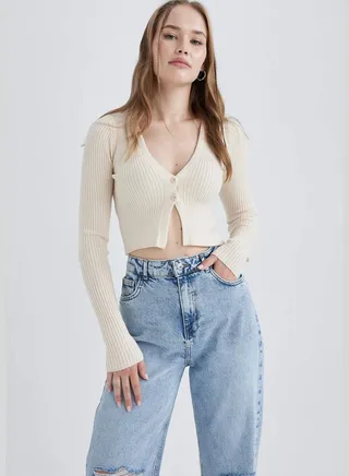 Woman V Neck Long Sleeve Tricot Cardigan