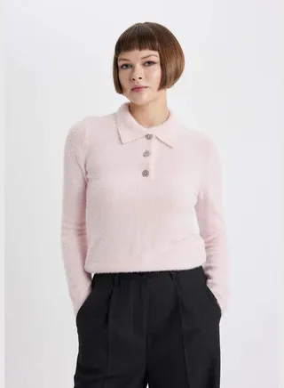 Woman Polo Neck Long Sleeve Tricot Pullover
