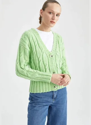 Woman Oversize Fit V-Neck Long Sleeve Tricot Cardigan