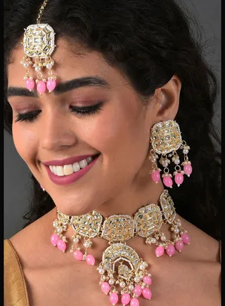 Gold Plated Kundan & Beads Necklace, Earrings and Maang Tikka Set