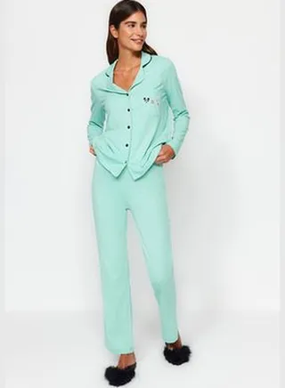 Mint Plain Pocket Single Jersey Knitted Pajamas Set