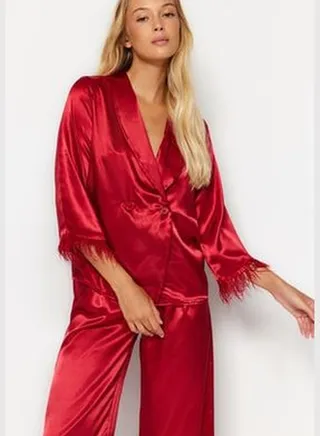 Claret Red Feather Detailed Satin Shirt-Pants Weave Pajamas Set