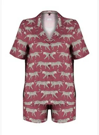 Burgundy Patterned Viscose Shirt-Short Woven Pajamas Set