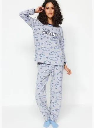 Gray Fleece Cloud and Heart Patterned Tshirt-Pants Knitted Pajamas Set THMAW24PT00283