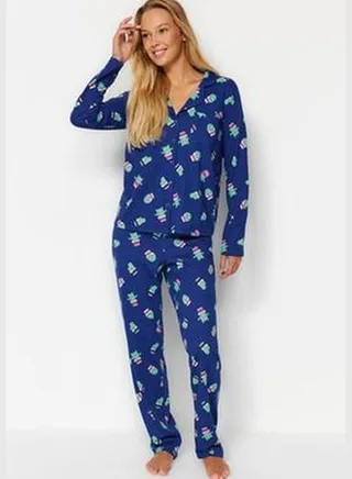 Navy Blue 100% Cotton Cactus Printed Shirt-Pants and Knitted Pajamas Set THMAW24PT00002