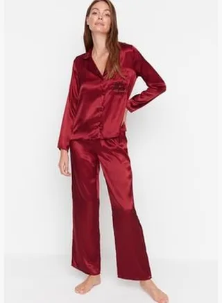 Claret Red Christmas Theme with Embroidered Satin Shirt-Pants, Woven Pajamas Set.