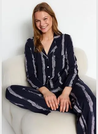 Navy Blue Premium Striped Shirt-Pants Knitted Pajamas Set THMAW24PT00213