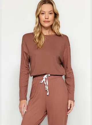 Brown Elastic Detailed Tshirt-Jogger Knitted Pajamas Set THMAW24PT00055.