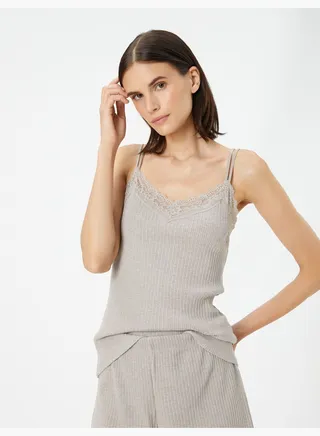 Ribbed Lacy Spaghetti Strappy Pyjma Top